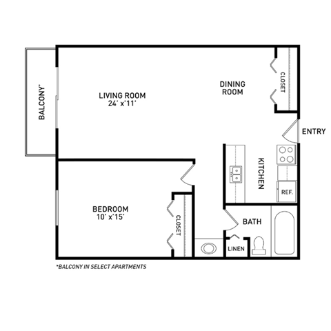 1 bedroom 1 bathroom floor plan at Woodsmere Apartments in East Lansing near Michigan State University